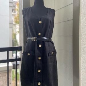 Vintage Black Nautical Linen Dress with Gold Accents